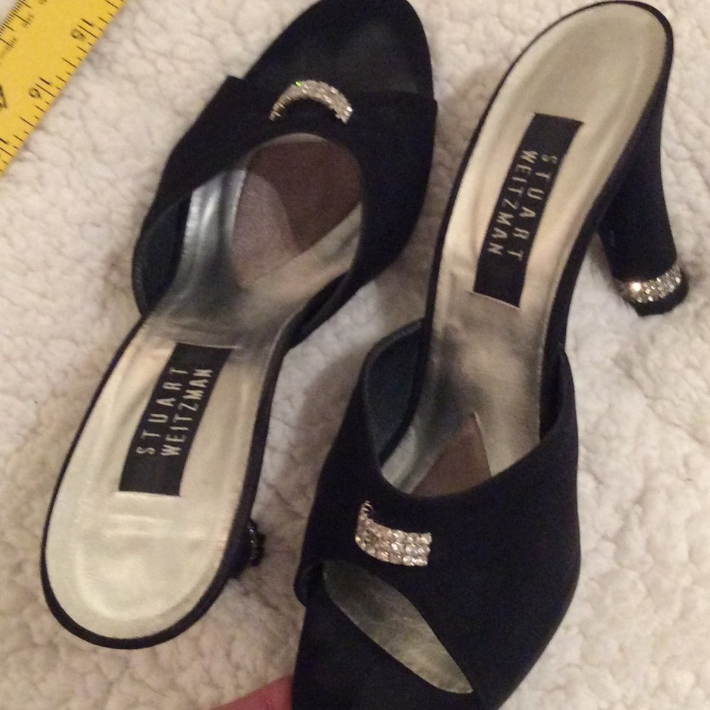 Stuart Weitzman black satin peep toes w/ diamond